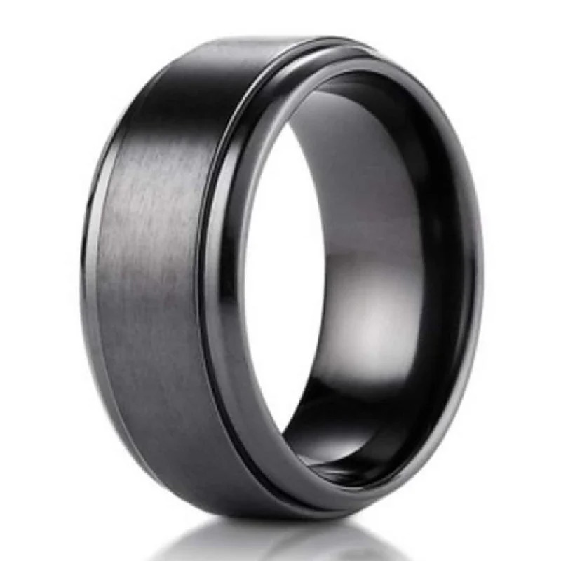 Buried ring-9mm Black Titanium Benchmark Men's Wedding Ring With Stair Step Edges