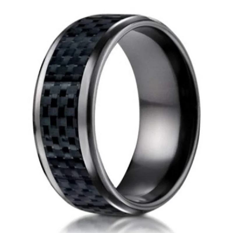 Vintage-edge ring-Men's Black Titanium Band 8mm Promise Ring Carbon Fiber Inlay