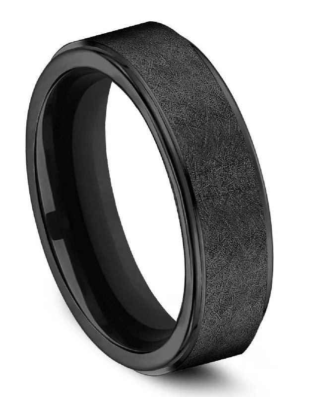 Subtle-carved ring-Benchmark Black Titanium Swirl Center Beveled Edge Comfort Fit Band- 7mm