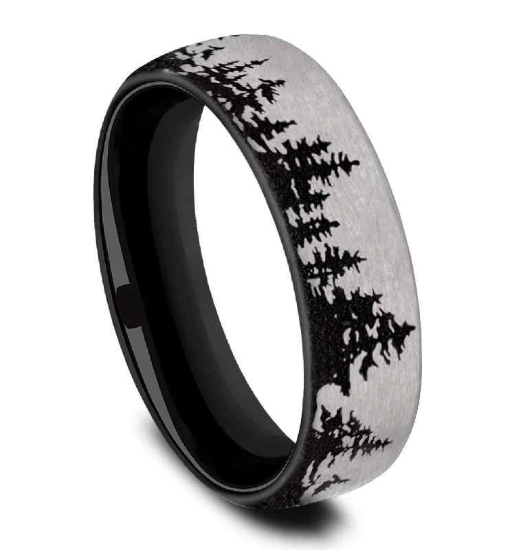 Peaked ridge ring-Titanium 6.5mm Contrast Tree Line Pattern Black Ring