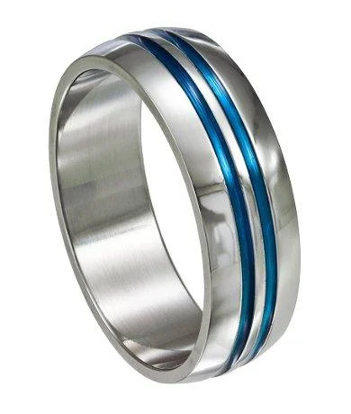 Brushed steel ring-Stainless Steel Ring with Blue Grooves-8MM