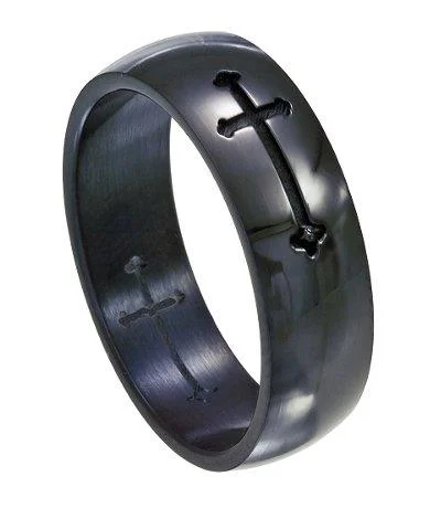 Thin diamond ring-Stainless Steel Black Crusade Cross Ring-8mm