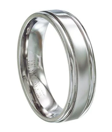 Icy topaz ring-Men's Stainless Steel Wedding Band with Grooved Edges and Polished Finish | 6mm