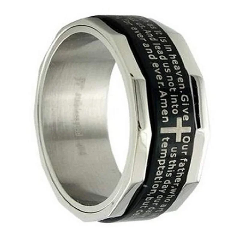 Bloom-bud ring-Men's Black Stainless Steel Christian Spinner Ring with Lord's Prayer | 8mm