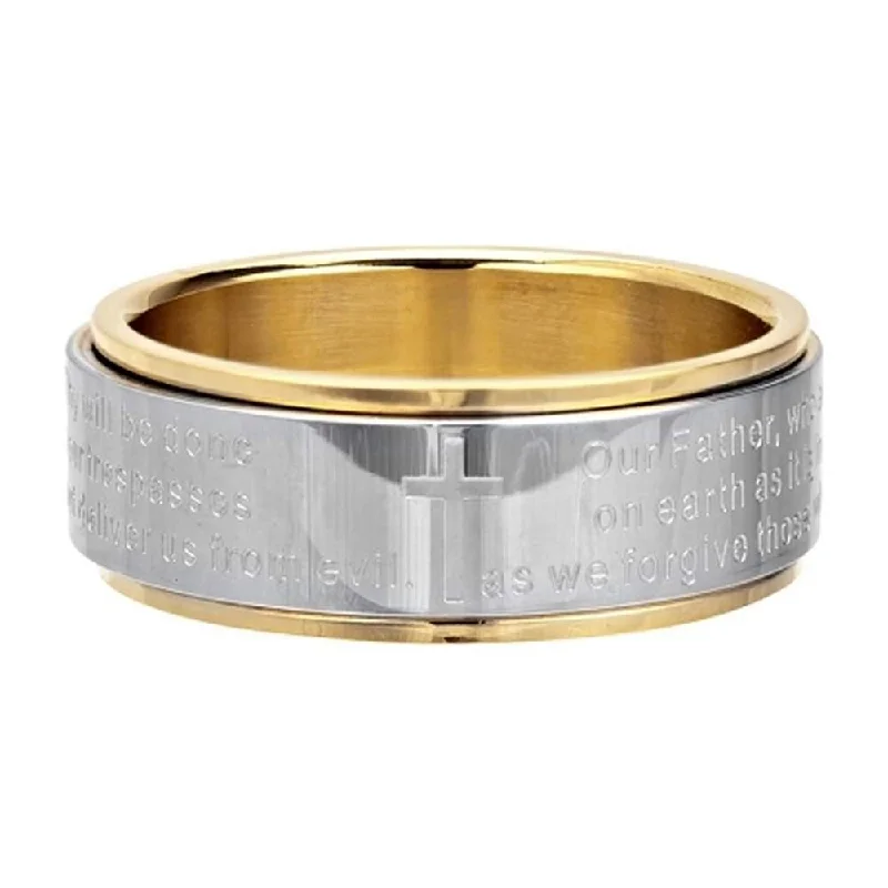 Elevated stone ring-Polished Stainless Steel and Gold PVD Plated Spinner Ring with Lord's Prayer | 8mm