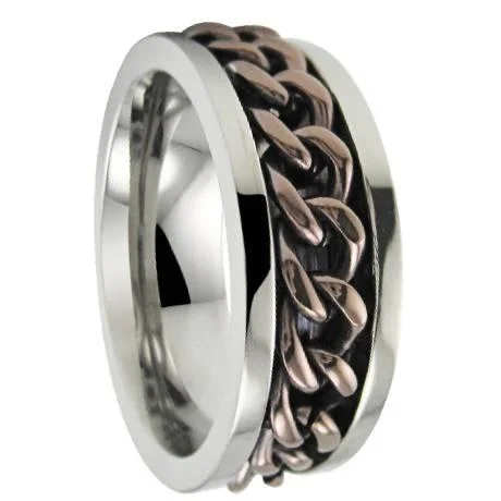 Linked knot ring-Men's Stainless Steel Spinner Ring with Bronze Chain and Polished Finish | 8mm