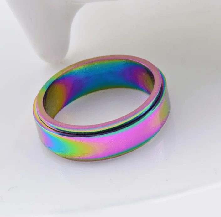 Glimmering gem ring-Rainbow Chrome Fidget Spinner Band Ring in Stainless Steel-8mm