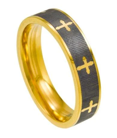 Fluid ring-Titanium and Gold Plated Men's Cross Ring with Polished Edges| 6mm