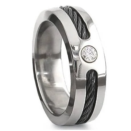 Swirled design ring-Men's Titanium Black Cable Ring with Polished Finish and CZ-7mm