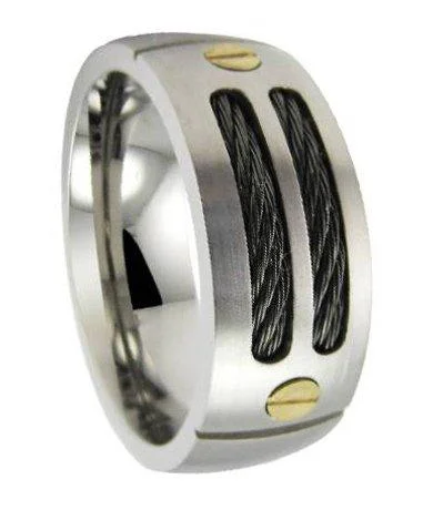 Flexible stone ring-Mens Titanium Black Cable Ring with Satin Finish and 18K Gold Screws| 9mm