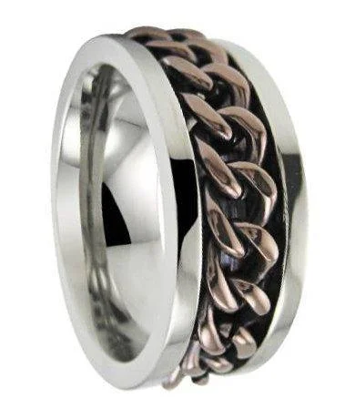 Retro-style opal ring-Men’s Titanium Spinner Ring with Bronze Tone Chain and Polished Finish | 8mm