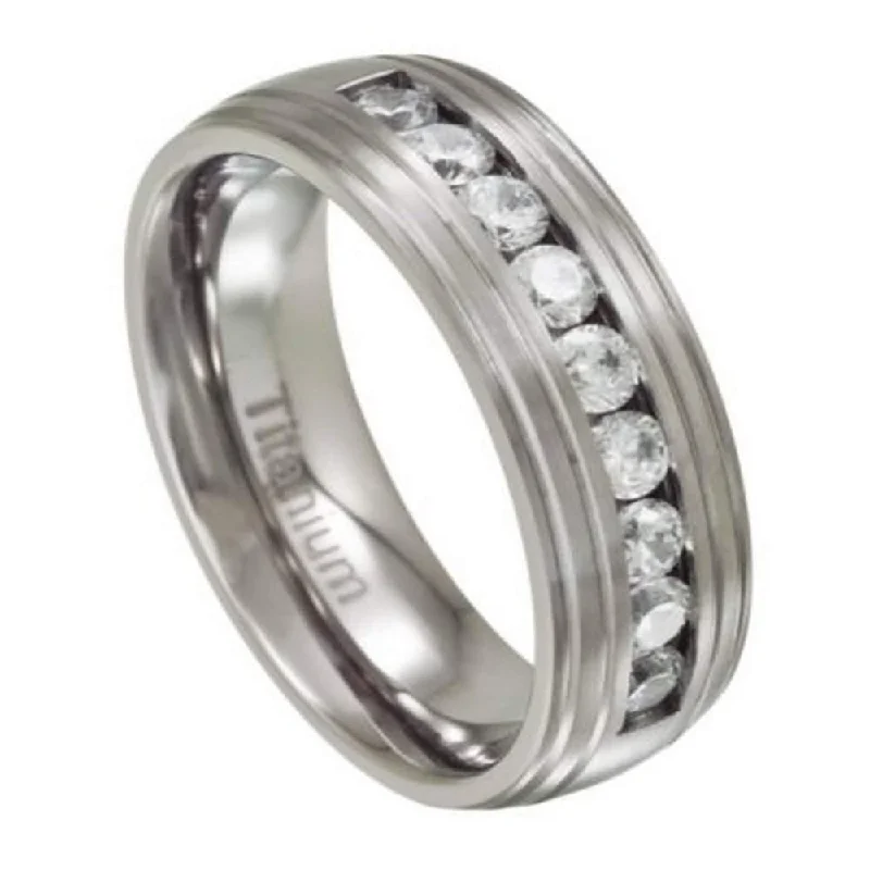 Four-stone ring-Men's Titanium Wedding Band with 9 Channel Set CZs | 8mm