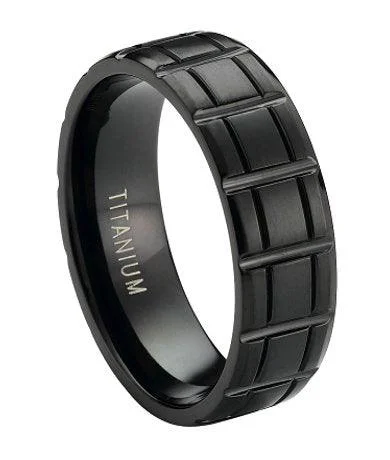 Rounded stone ring-Matte-Finished Black Titanium Ring with Vertical Bar Pattern | 8mm