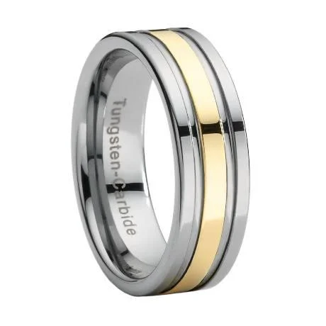 Tattered rim ring-Tungsten Wedding Band with Gold Stripe Overlay-8mm