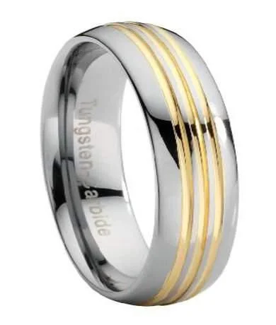 Elevated stone ring-Tungsten Wedding Band with Three Gold Grooves -7mm