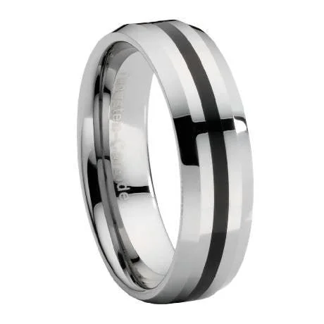 Raised-tier ring-Beveled Edge Tungsten Ring with Black Enamel Stripe -8mm