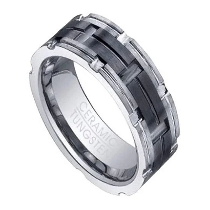 Polished steel ring-Tungsten Ring for Men with Grooved Black Ceramic Inlay | 8mm