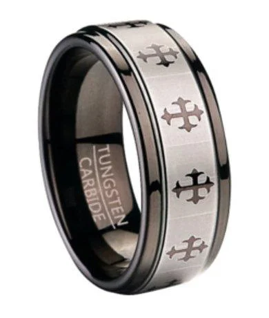 Angled stone ring-Fashion Ring for Men in Black Tungsten with Crosses | 9mm