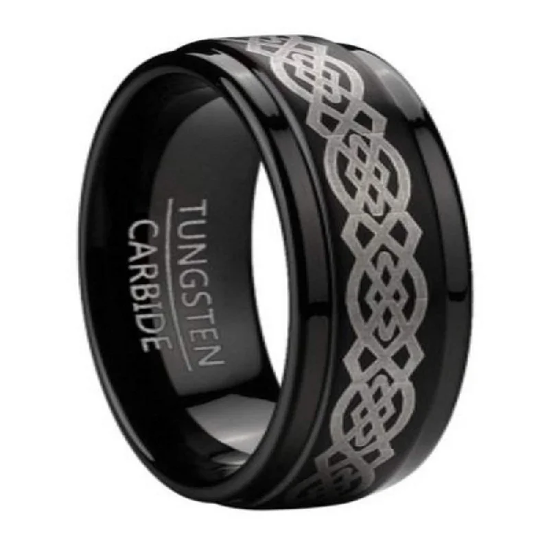 Radiant silver ring-Black Tungsten Men's Celtic Knot Ring Step Down Edges Ring | 9mm