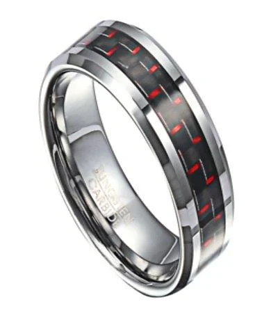 Glowing ruby ring-Men's Tungsten Ring with Black and Red Carbon Fiber Inlay | 8mm