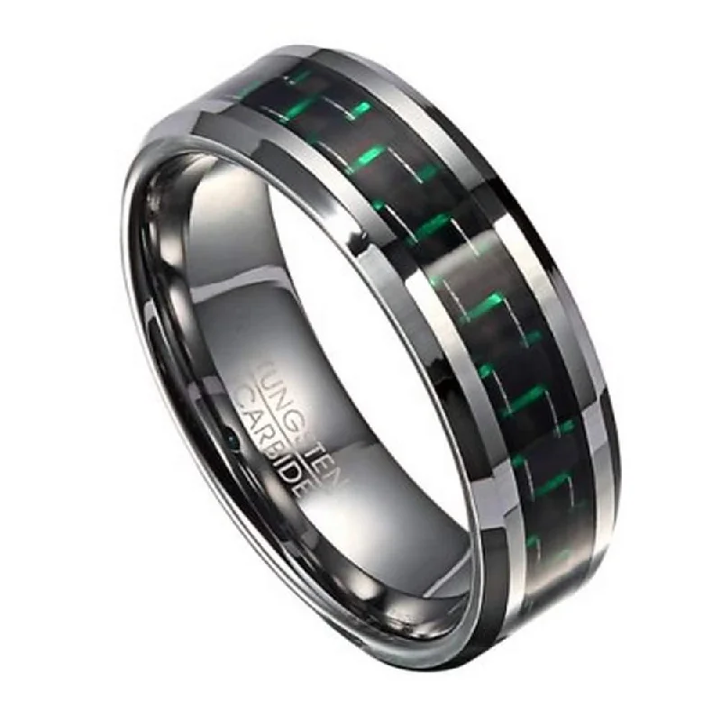 Pure pearl ring-Men's Fashion Ring in Tungsten with Green Carbon Fiber Inlay, 9mm