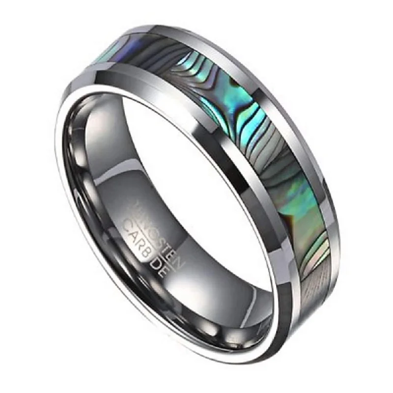 Brushed steel ring-Men's Fashion Ring in Tungsten with Abalone Shell Inlay | 8mm