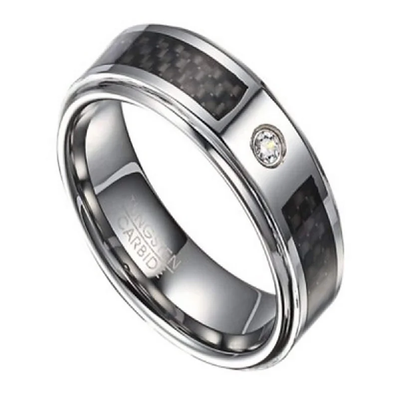 Rounded stone ring-Tungsten and CZ Ring for Men with Black Carbon Fiber Inlay | 8mm