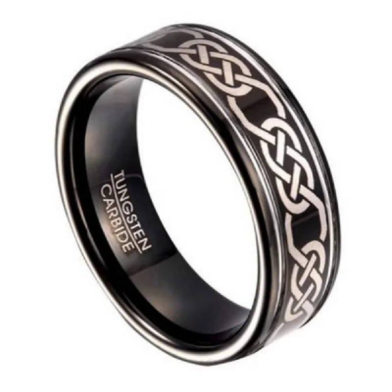 Crafted silver ring-Celtic Knot Black Tungsten Ring for Men, Polished | 8mm