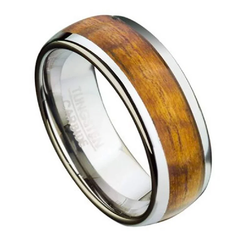 Tesselated band ring-Tungsten Ring for Men with Koa Wood Inlay and Domed Profile-8mm