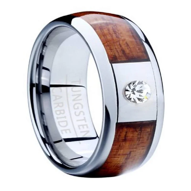 Clean cut ring-Men's Tungsten Ring with Koa Wood Inlay and Single CZ-8mm