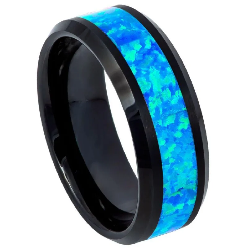 Fine-cut ring-Men's Black IP with Synthetic Opal Inlay with Beveled Edges l  8mm