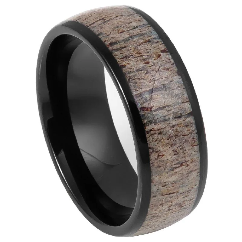 Floating diamond ring-Tungsten Men's Domed Black IP Plated Real Deer Antler Inlay l  8mm