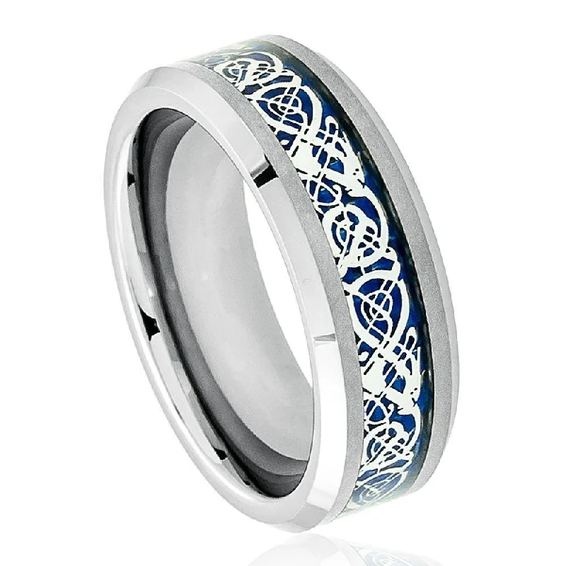 Stout shank ring-Tungsten Men's Shiny Beveled Edge with Blue Celtic Dragon Cut-out Inlay l 8mm