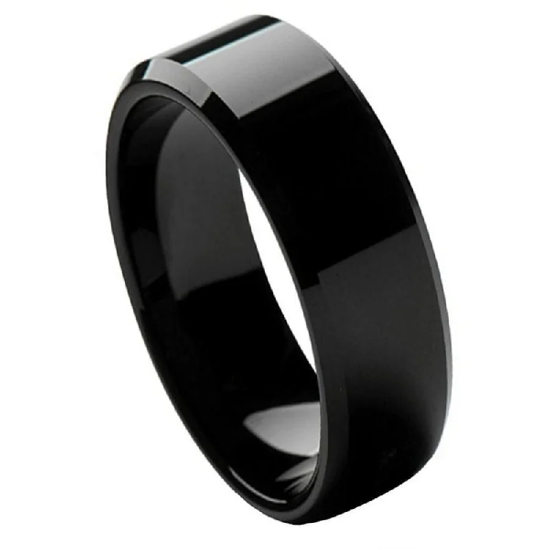 Curving band ring-Tungsten Men's Black High Polished Beveled Edge Ring l 8mm