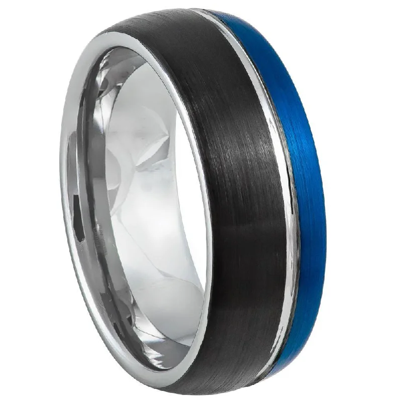 Braided ring-Tungsten Three Tone Blue and Black Brushed Finish Ring-8mm