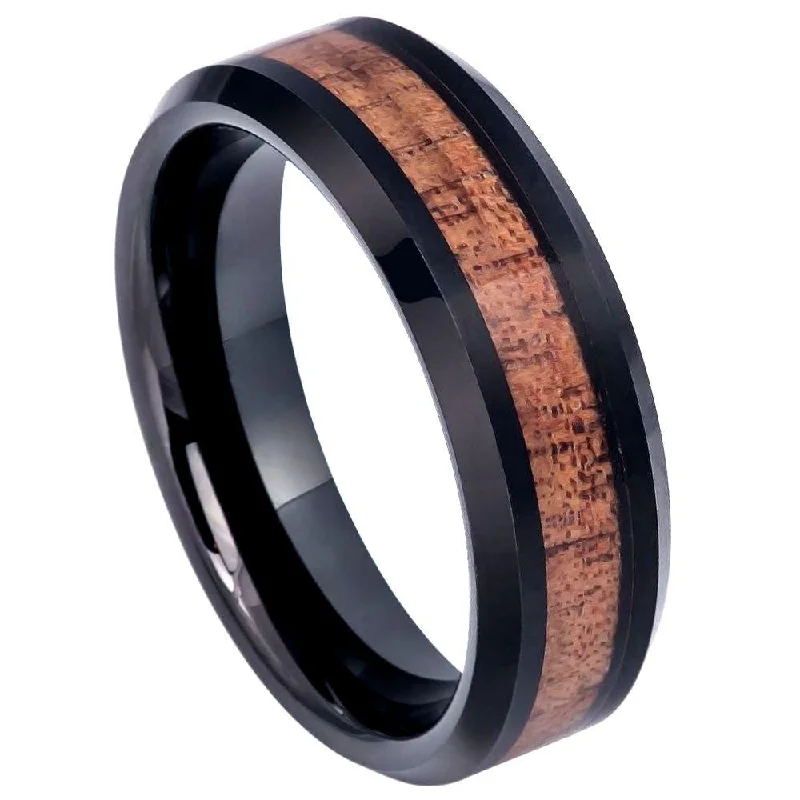 Raised-tier ring-Black IP Tungsten Hawaiian Koa Wood Inlay and Beveled Edges-6mm