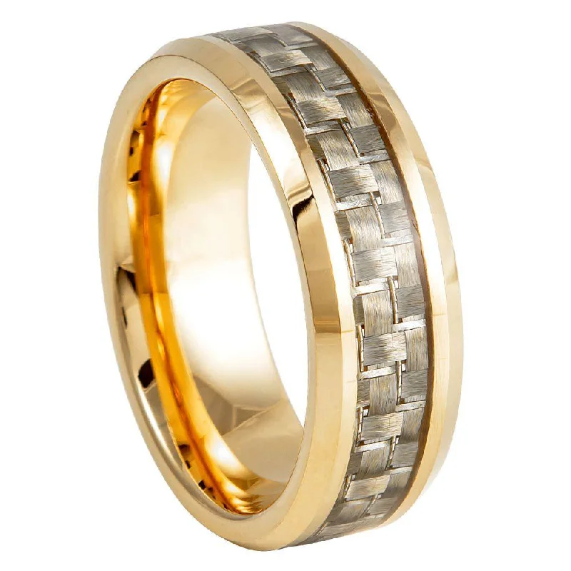 Sunken stone ring-Tungsten Yellow Gold Plated IP with Golden Carbon Fiber Inlay