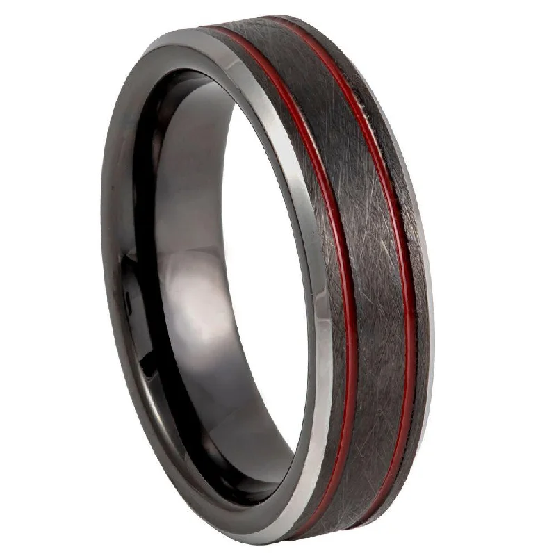 Slack coil ring-Tungsten Charcoal Gray Ice Finish and Two Thin Grooved Red Lines-6mm