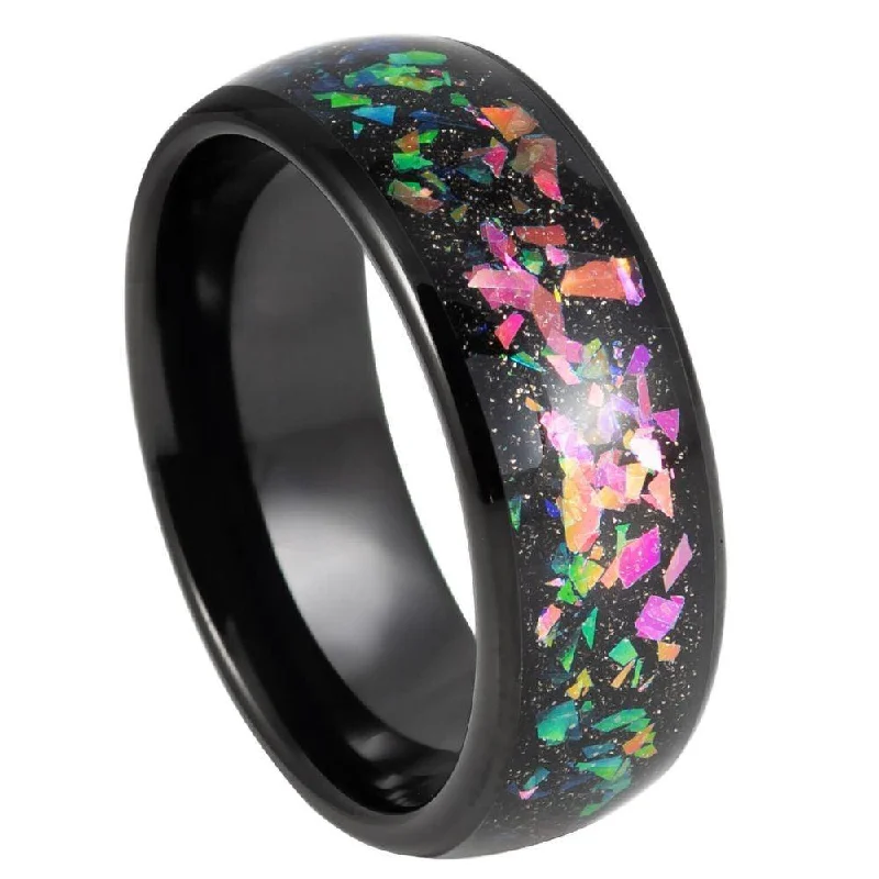 Retro chrysoprase ring-Black Tungsten Ring with Synthetic Opal and Abalone Mosaic-8mm