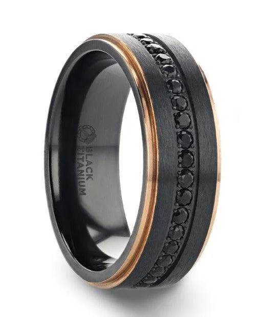 Fine-cut ring-ASTRO Flat Brushed Black Titanium Ring with Rose Gold Plated Edge and Black Sapphire