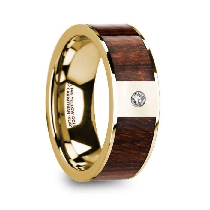 Speckled stone ring-SOPHOS Men’s Carpathian Wood Inlaid Polished 14KY Gold Ring-8mm