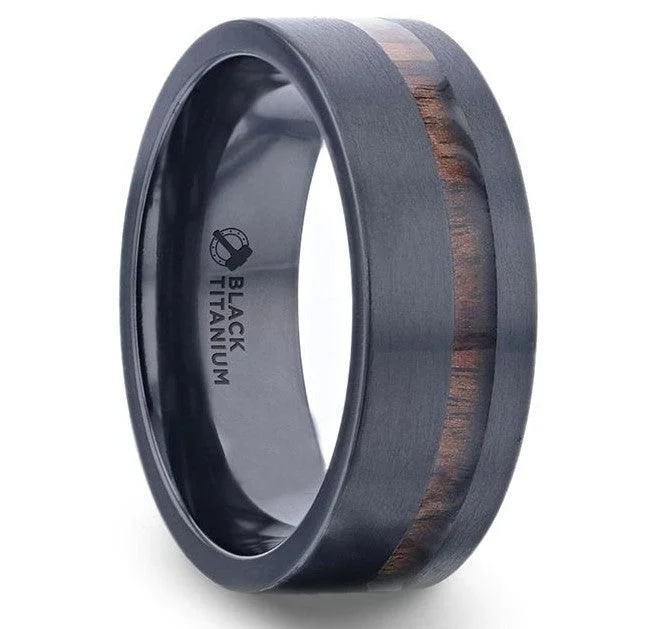 Icy aquamarine ring-DARING Off-Set Koa Wood Inlaid Black Titanium Men's Ring With Flat Polished Finish