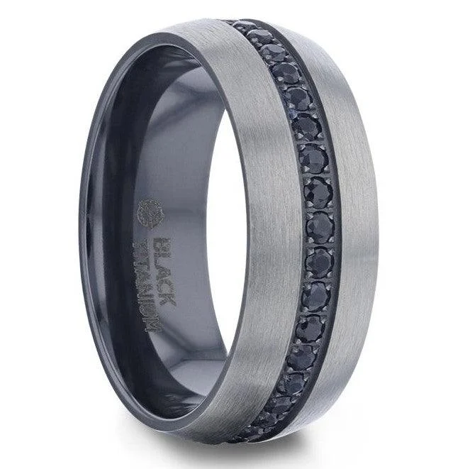 Sunken stone ring-AVIATOR Domed Brushed Titanium Men's Band- Black Sapphire Stones Inlay