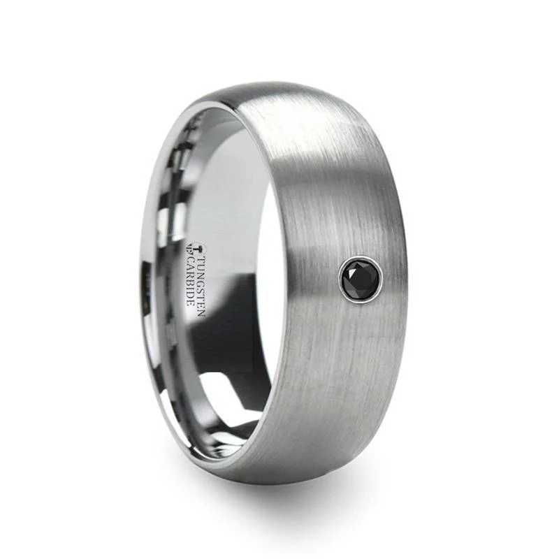 Polished steel ring-PERSEID Tungsten Carbide Brushed Finish Domed Ring with Black Diamond - 8mm