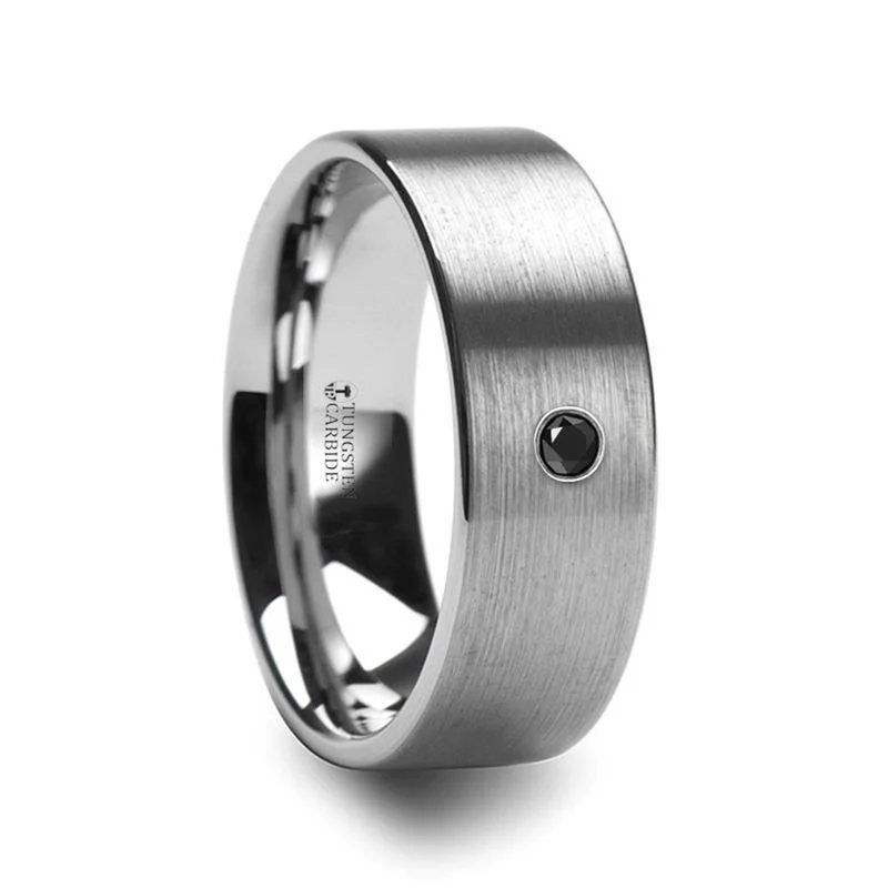 Subtle arc ring-IRENAEUS Flat Brushed Tungsten Mens Ring with Black Diamond - 8mm