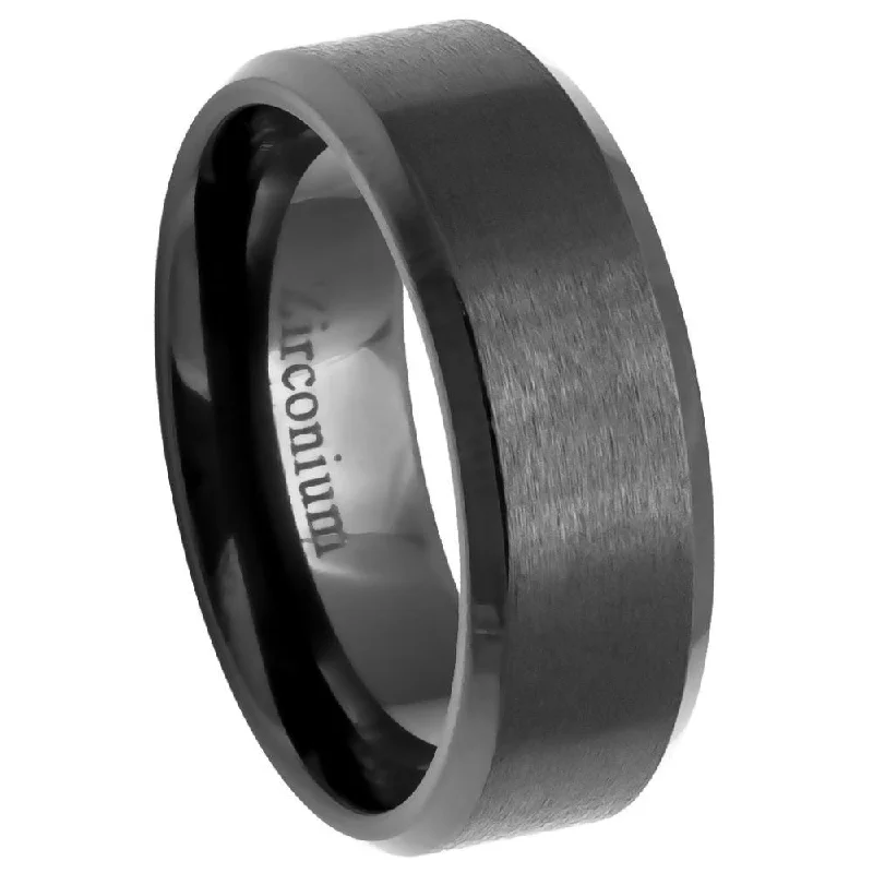 Nonagonal stone ring-Men's Black Zirconium Ring with Brushed Center and Beveled Edge l 8mm