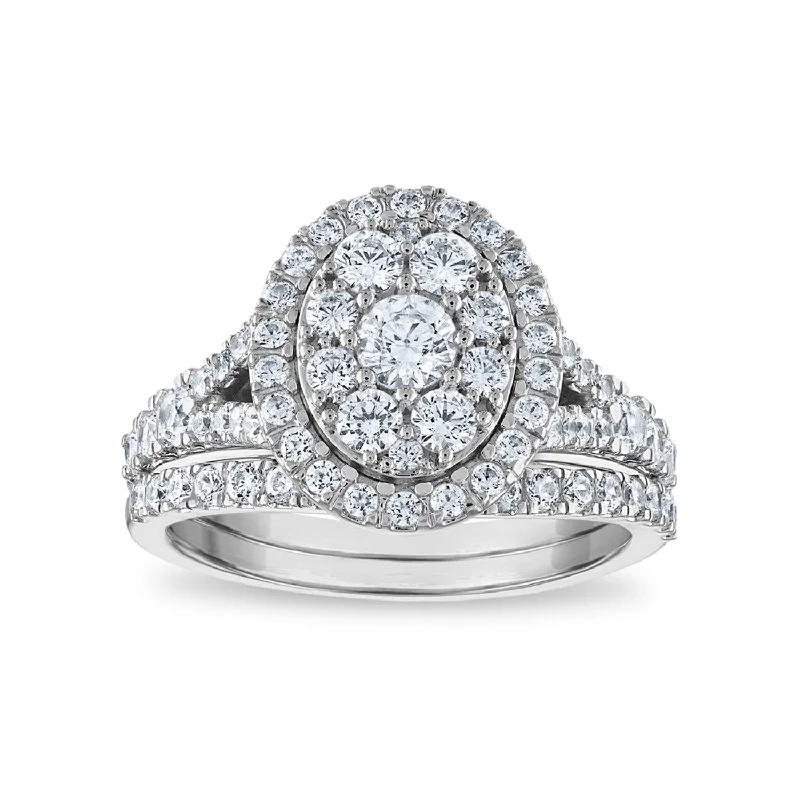 Heavy gold ring-LoveSong EcoLove 1-1/2 CTW Lab Grown Diamond Halo Bridal Set in 10KT White Gold