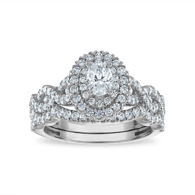 Broad-level ring-LoveSong EcoLove 1 1/4 CTW Lab Grown Diamond Halo Bridal Set in 10KT White Gold