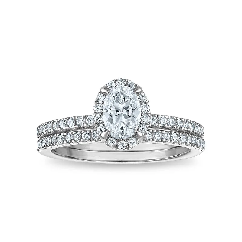 Grooved rim ring-LoveSong EcoLove 1 CTW Lab Grown Diamond Halo Bridal Set in 10KT White Gold