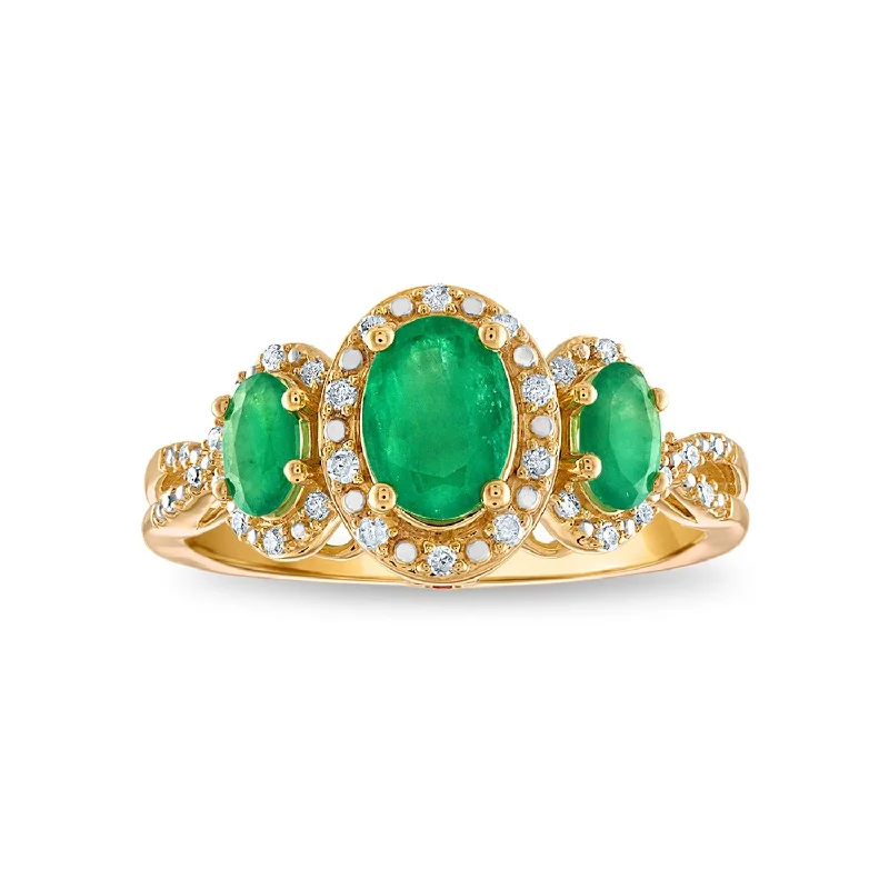 Shimmering platinum ring-LoveSong Oval Emerald and Diamond Three Stone Halo Ring in 10KT Yellow Gold